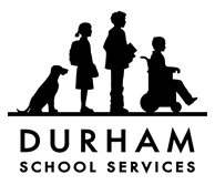 Durham Bus Services logo - silhouette of kids and a dog waiting for a bus 
